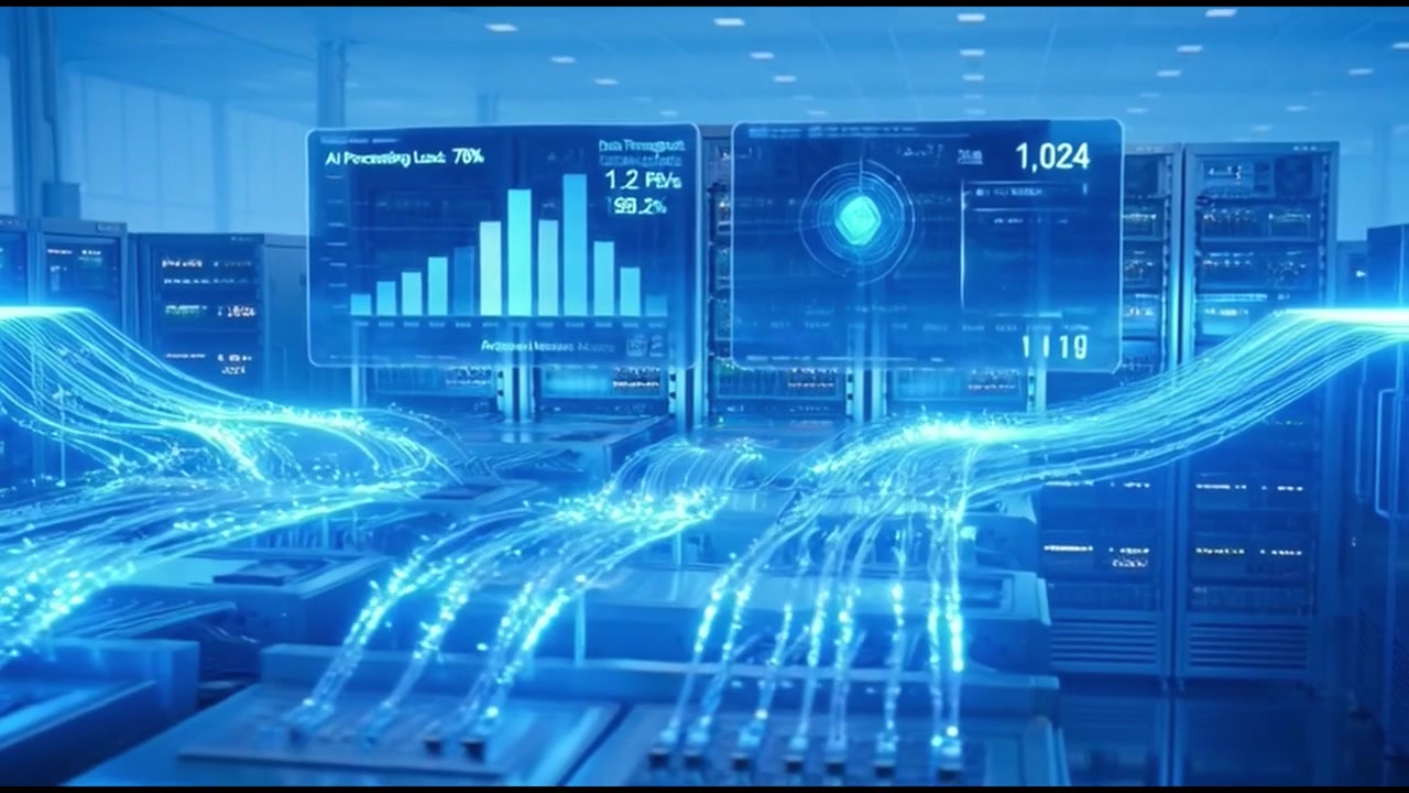 Data Center Servers Processing Information with Digital Visualization