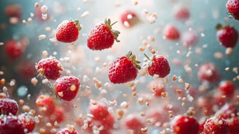 dynamic shot of falling strawberries