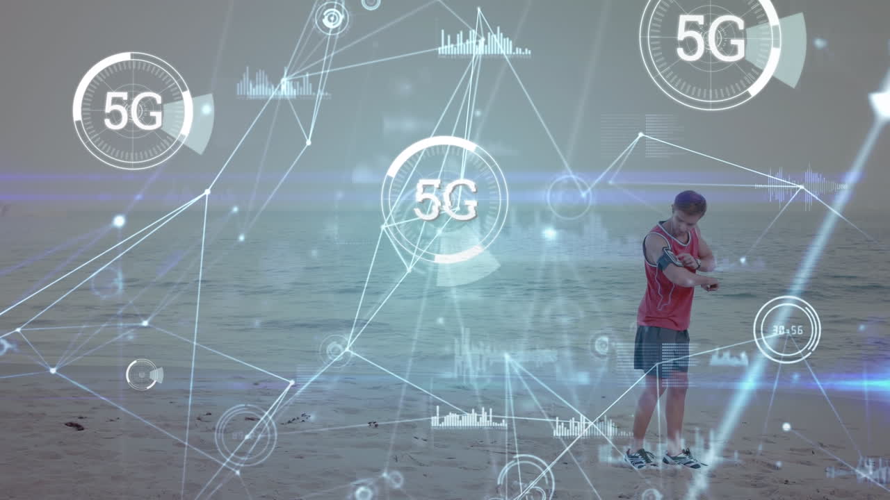 animación de la red de conexiones con procesamiento de datos sobre el hombre caucásico corriendo