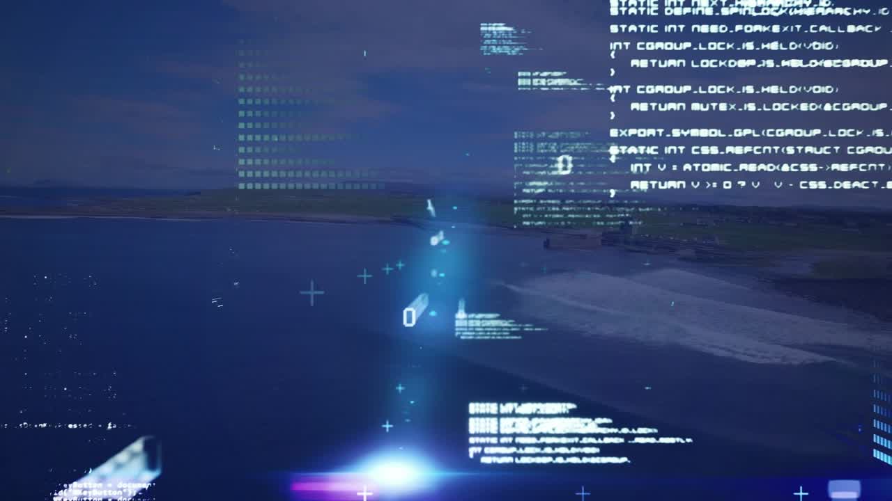 Animation of statistical data processing and light spots against aerial view of sea waves