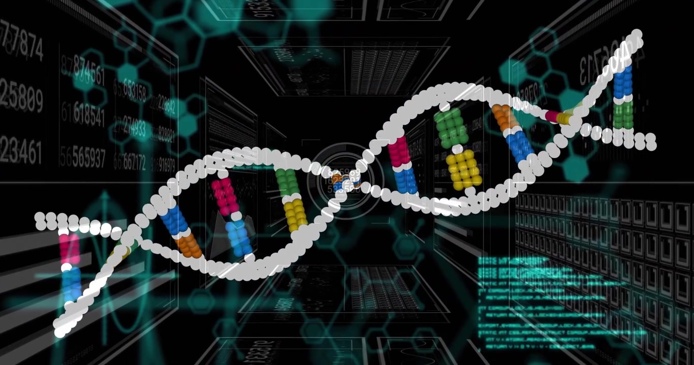 Vitpärlad DNA-helix som kommer in från vänster, initierar kartläggning som roterar genom kod och ett pulserande gränssnitt.