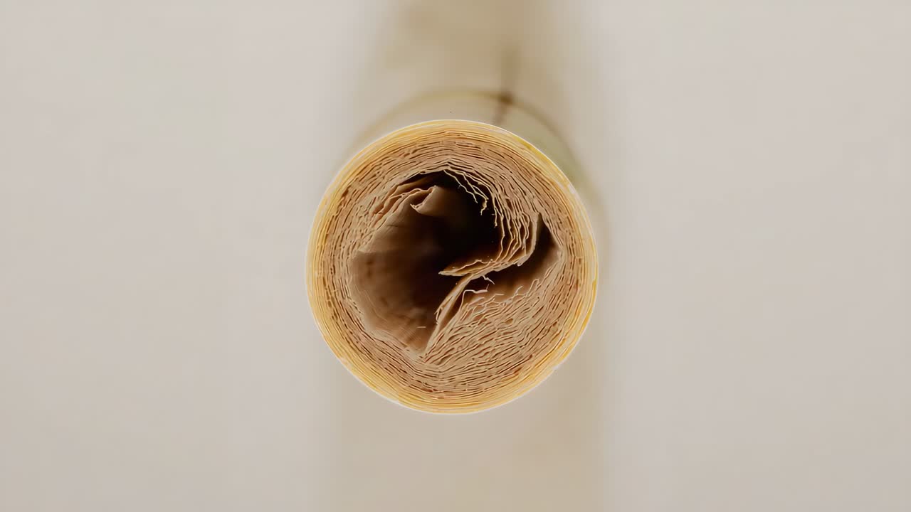 Soluk bir stüdyoda kameraya doğru dönen, iç katmanları ve boşluğu ortaya çıkaran ten rengi kağıt rulosu gösteriliyor