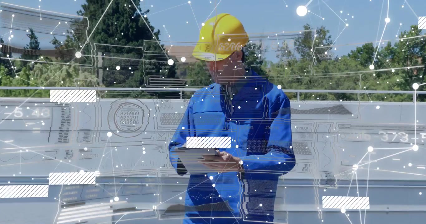 Tech tapping tablet, holding on roof, donning yellow hardhat, animated overlay checking solar array