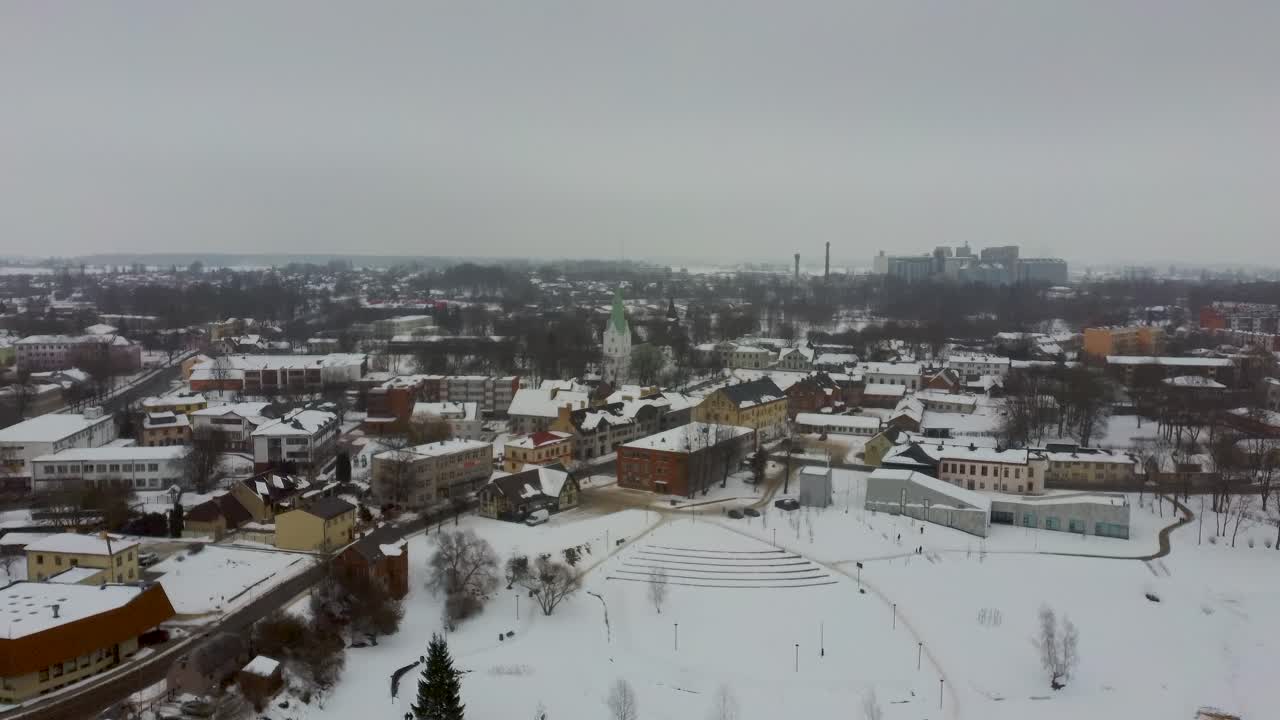 Ruins of Ancient Livonian Order's Stone Medieval Castle Latvia Aerial Drone Top Shot From Above . Restored Castle Capella at Winter in Dobele City. 4K Resolution