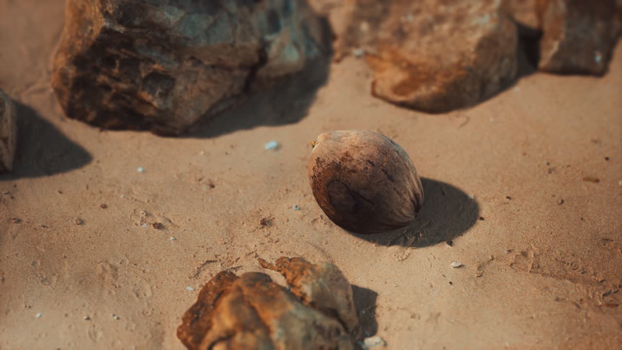coco marrón en la arena de la playa