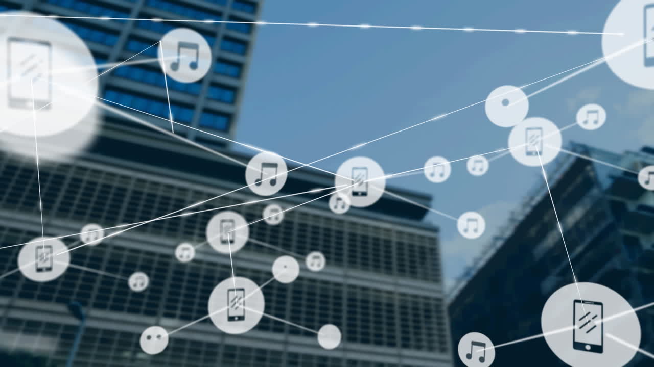 현대적인 건물 위의 아이콘과 연결 네트워크의 애니메이션