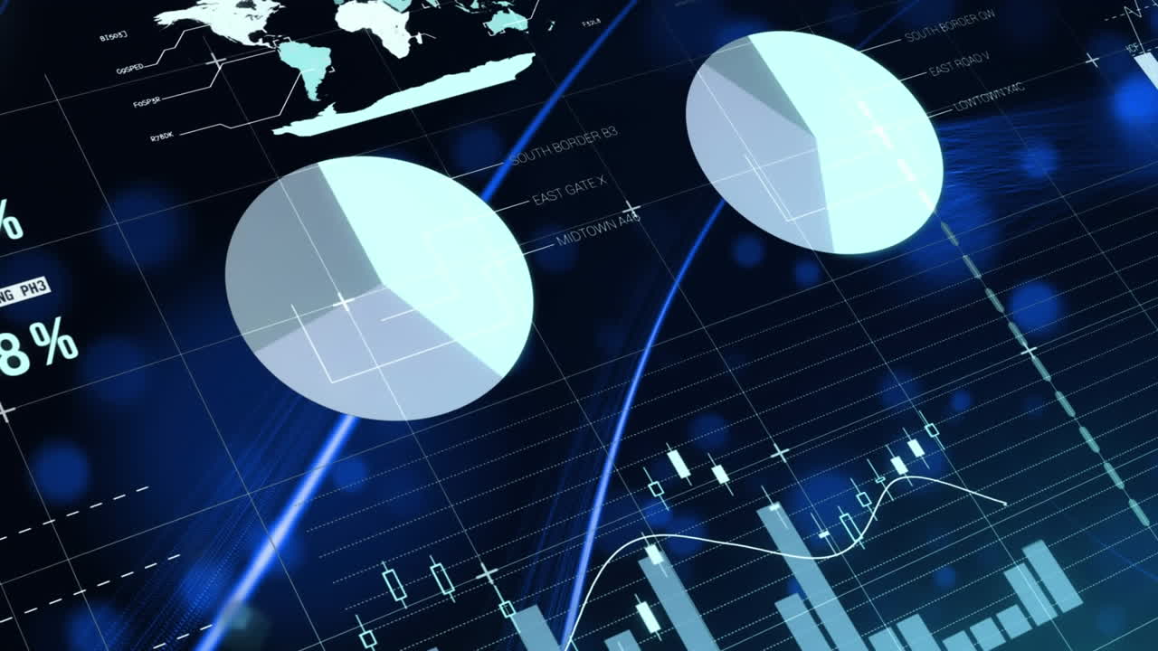 Animation of statistical data processing over blue spots and light trails on black background