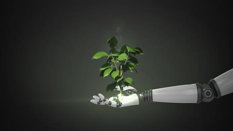 robotic hand presenting digital green plant growing against black background