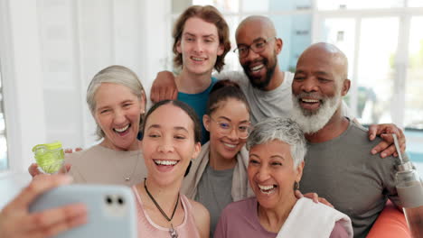 yoga friends, selfie and smile in gym for fitness