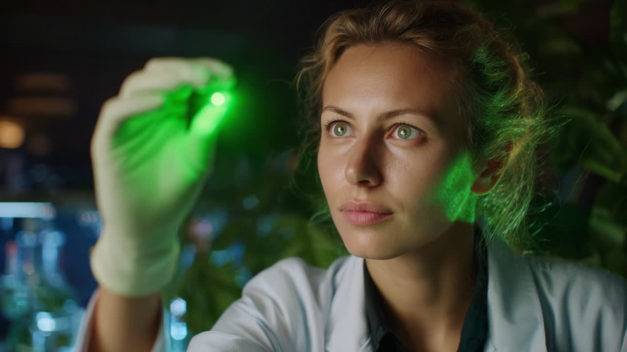 Focused Scientist Analyzing Green Luminescent Sample Under Laboratory Conditions, Exploring Innovative Research with Advanced Technology in a Biochemical Environment