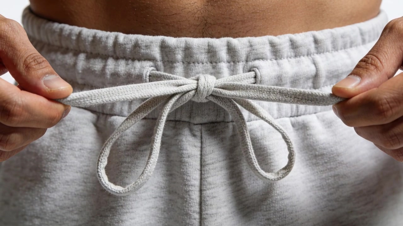 スタジオで、ドローストリングを掴んでスウェットパンツのウエストを締め、結び目を固定している男性。