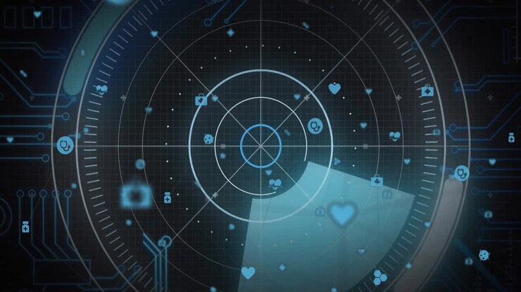 Animation of network of connections with icons over scope scanning and data processing