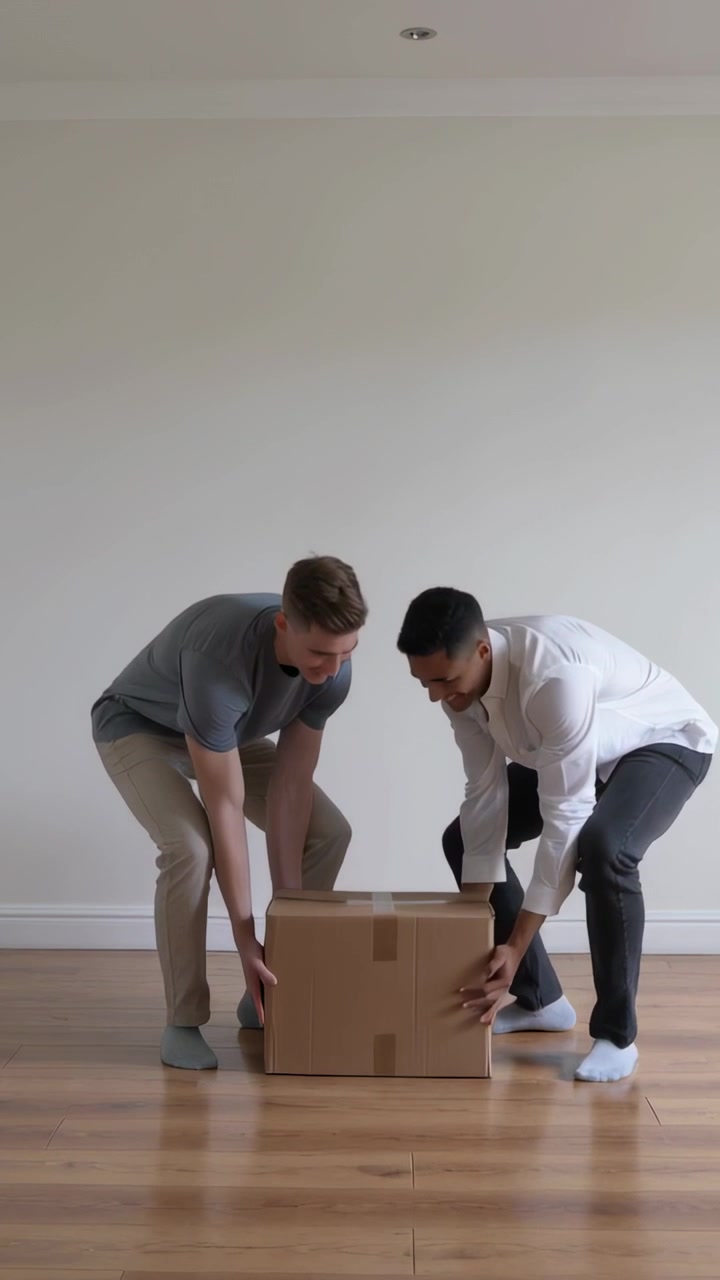 Vertical video: Lowering two men holding box, grey tee placing package to set down in empty room
