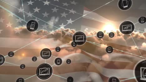 animation of network of connections with icons over flag of united states of america and sky