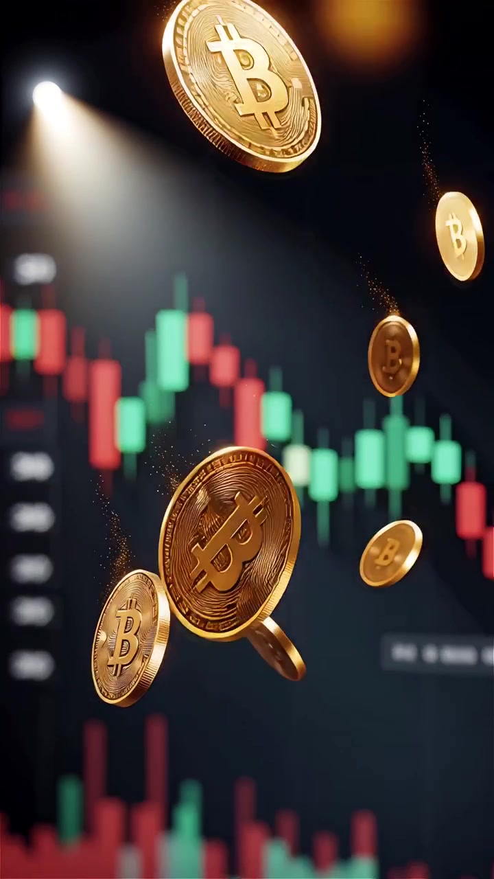 Moedas de Bitcoin douradas com fundo de gráfico de velas desfocado 4K
