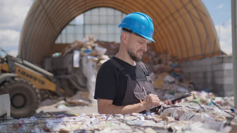 Worker-at-recycling-facility-next-to-pressed-paper-bale-smiling-at-camera,-tele