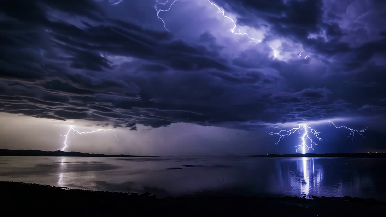 Night Lightning Storm over Water