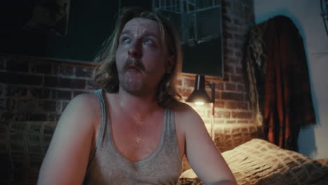 a man eating a snack in his bedroom