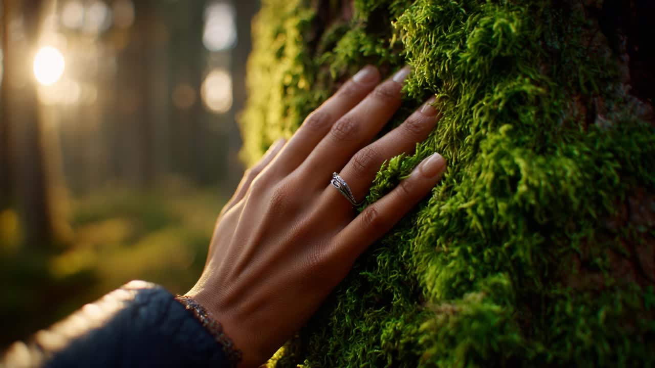 A serene moment capturing the gentle touch of a hand against lush green moss on a tree trunk, illuminated by warm sunlight filtering through the forest, evoking tranquility and connection with nature