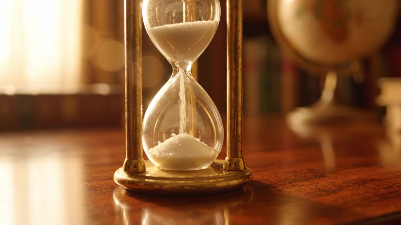 An elegant hourglass on a polished wooden table captures the essence of time passing, with soft sunlight illuminating the flowing sand within its glass form.