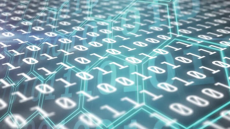 Animation of binary coding data processing over network of hexagons