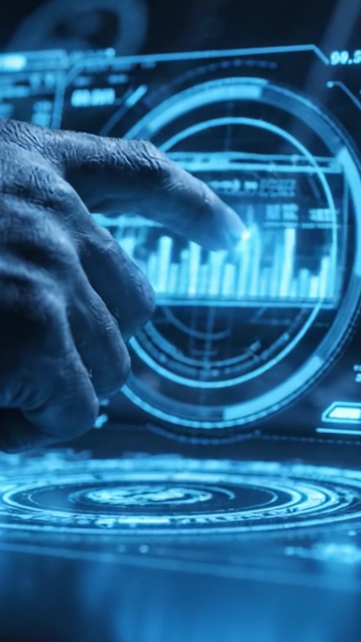 A Close-Up View of a Hand Interacting with a Futuristic Touchscreen Interface, Displaying Complex Data and Graphics in a High-Tech Environment
