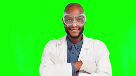 face, scientist and black man smile with goggles