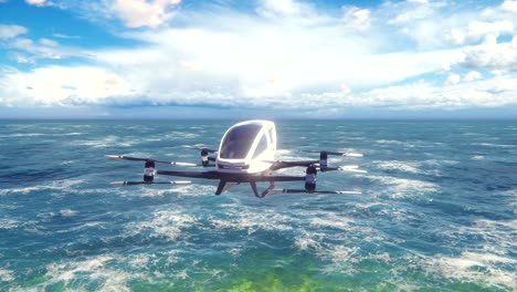 an unmanned passenger air taxi flies over the sea. the concept of the future driverless taxi. 3d rendering of animation.