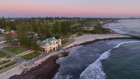 perth's famous cottesloe beach drone aerial at dusk, western australia