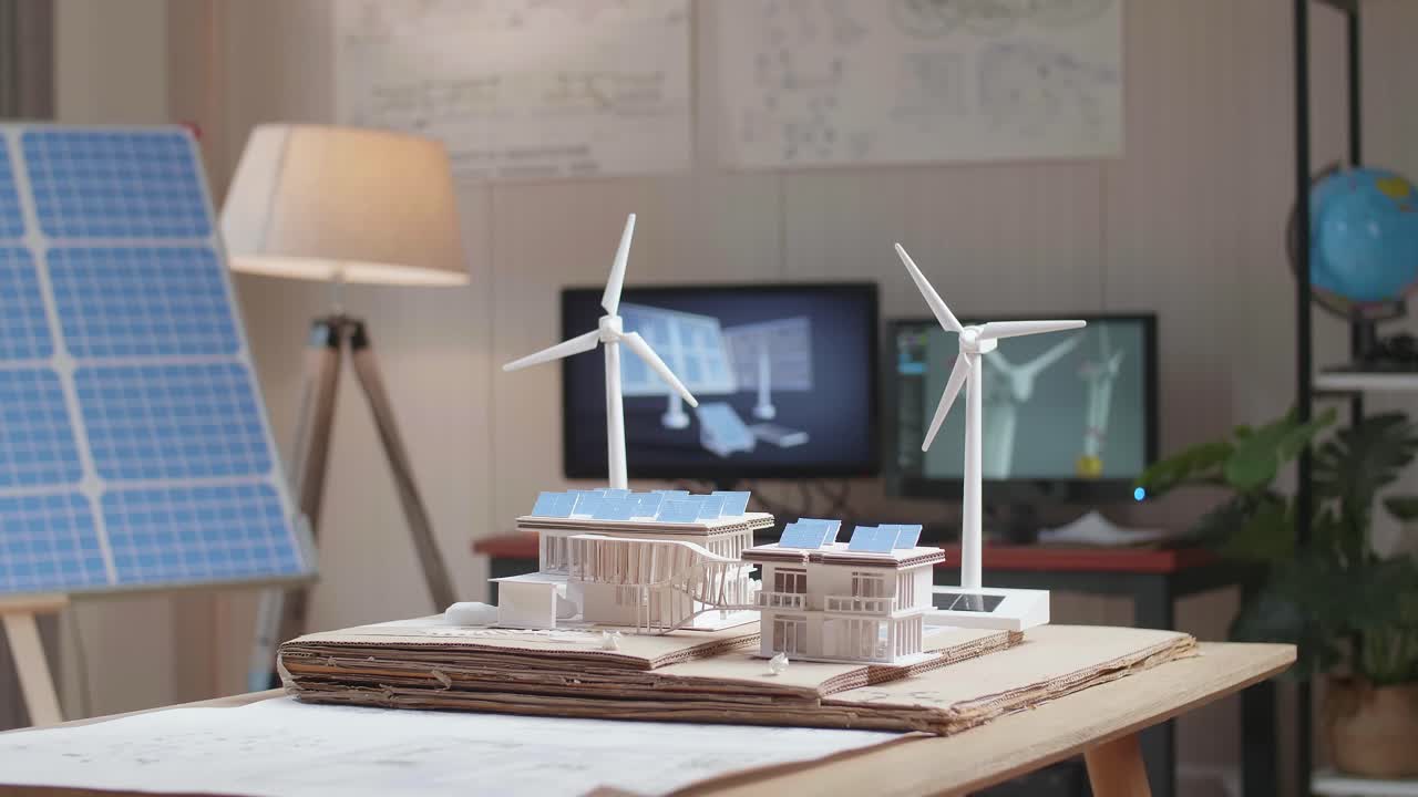 태양광 패널이 있는 작은 집의 모델이 사무실의 테이블 위에 있습니다.
