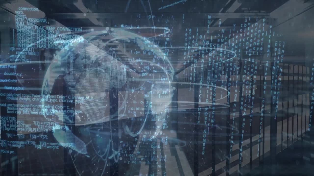 Animation of data processing and globe over server room