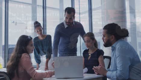 Animation of connected icons and programming language over diverse coworkers sharing ideas in office
