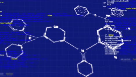 Animation-of-element-diagram-over-data-processing-on-blue-background