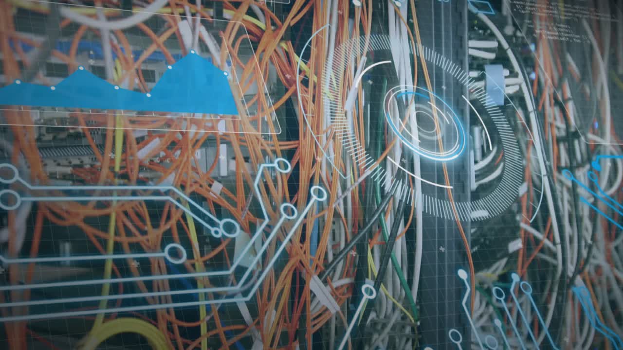 animación del procesamiento de datos a través de cables de servidor de computadora