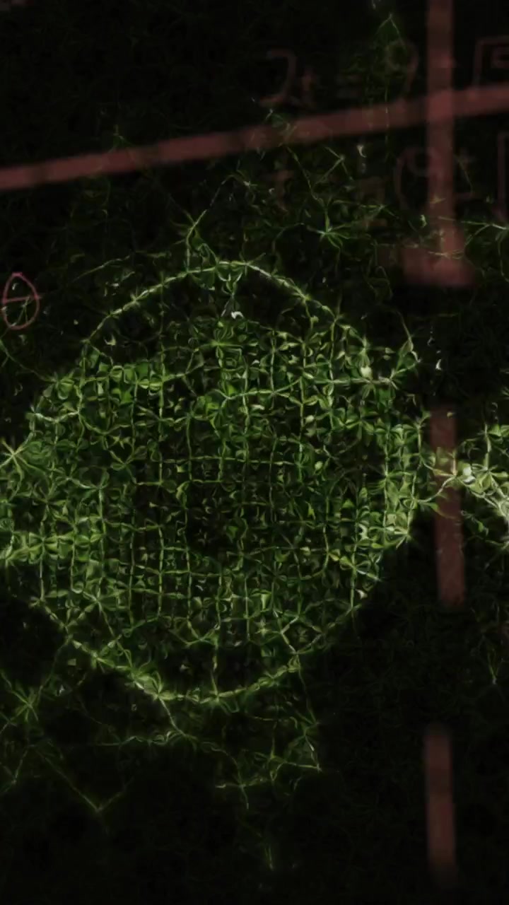 Animation af DNA-helix med matematiske formler og geometriske vinkler over sort baggrund