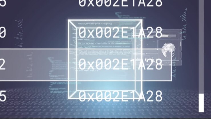 Animation of rotating cube with data processing over dark blue background