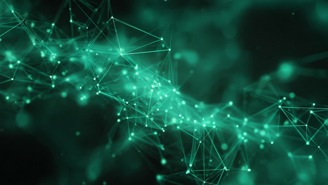 Green futuristic plexus animation featuring glowing dots and lines slowly moving in a digital network structure against a dark background with floating particles and a shallow depth of field