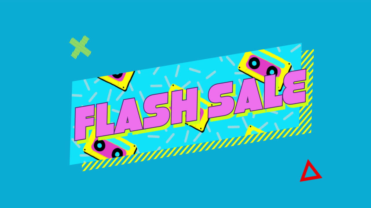 파란색 배경에 다채로운 기하학적 모양을 가진 플래시 판매 텍스트 애니메이션