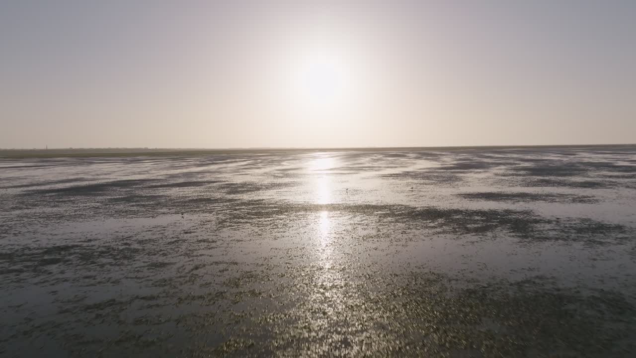 Bright morning flyover across open water towards wadden sea under clear sky