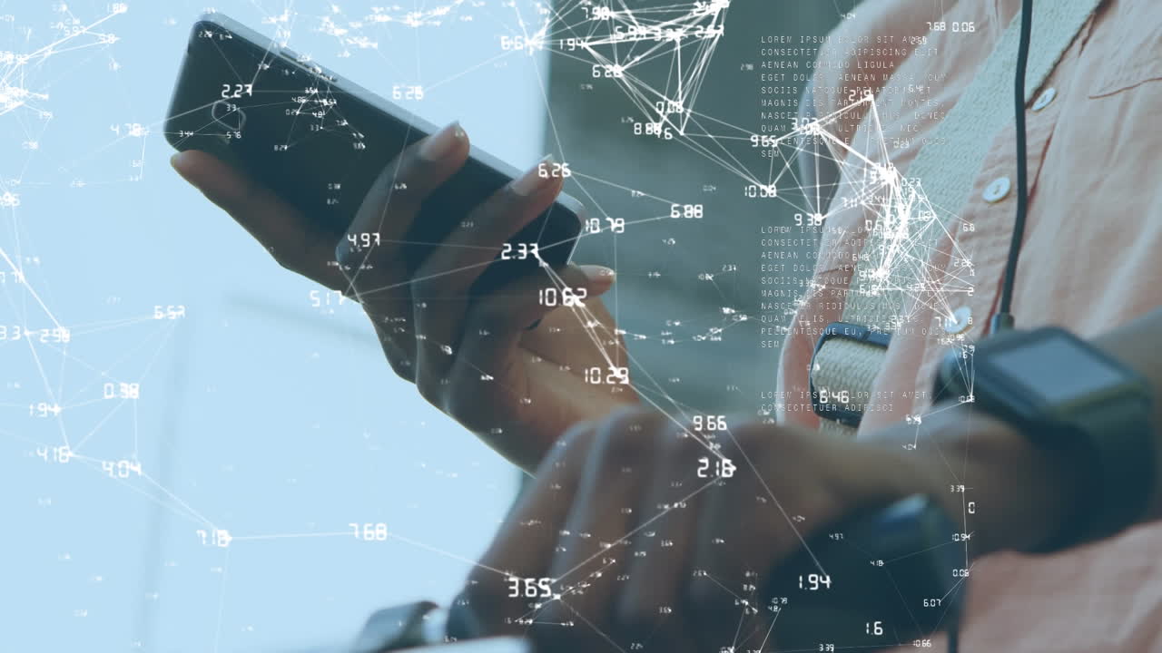 Animation of data processing and network of connections over african american woman using smartphone