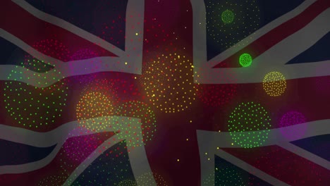 animation of fireworks over flag of uk