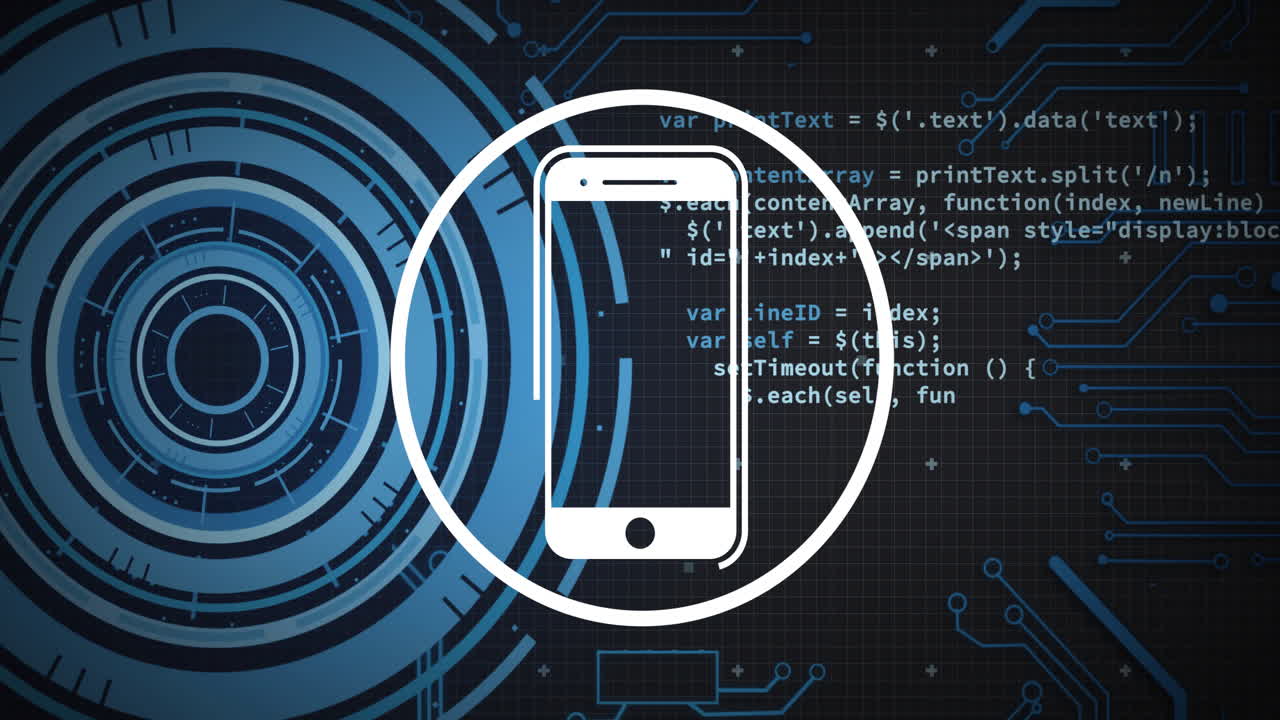 Smartphone icon and coding animation over digital circuit background