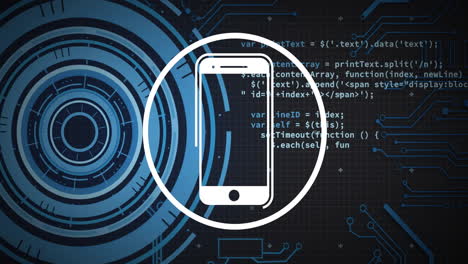 icono de teléfono inteligente y animación de codificación sobre fondo de circuito digital