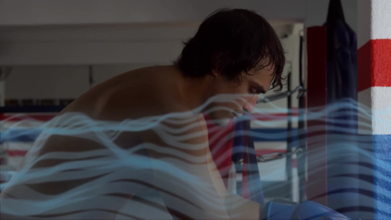 Animated blue wave sweeping frame causing boxing boxer leaning on ropes adjusting gloves, focusing