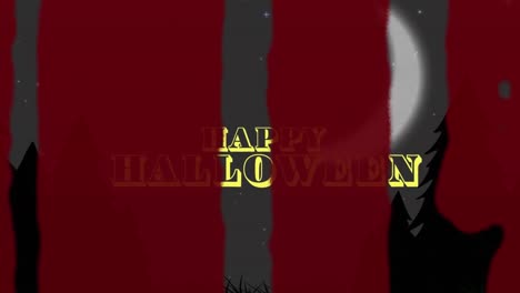 Animation-of-happy-halloween-text-over-blood-stains,-trees-and-moon-on-sky