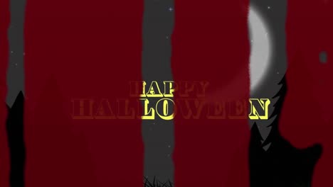 animación de texto feliz de halloween sobre manchas de sangre, árboles y luna en el cielo