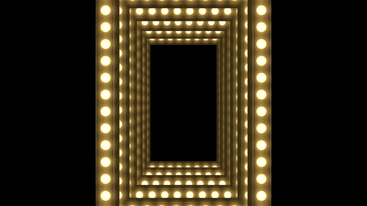 Tunnel Incandescent light bulb box frame rectangle shape swirl rotate moving pattern, retro 3D virtual style illustration glow in dark background seamless looping animation 4K, with copy space