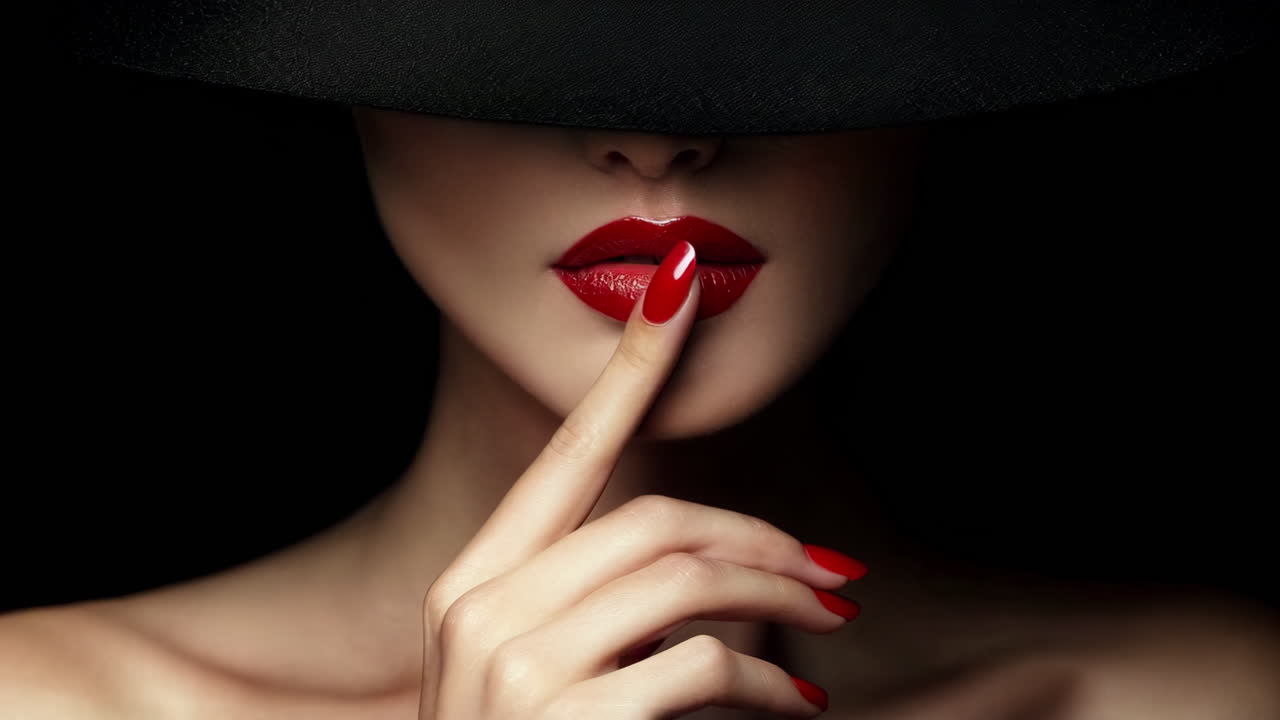 mujer elegante con llamativos labios rojos y un elegante sombrero negro abrazando el silencio sofisticado