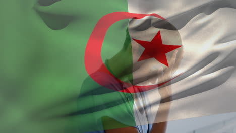 digital composition of algeria flag waving over stressed caucasian female health worker at hospital