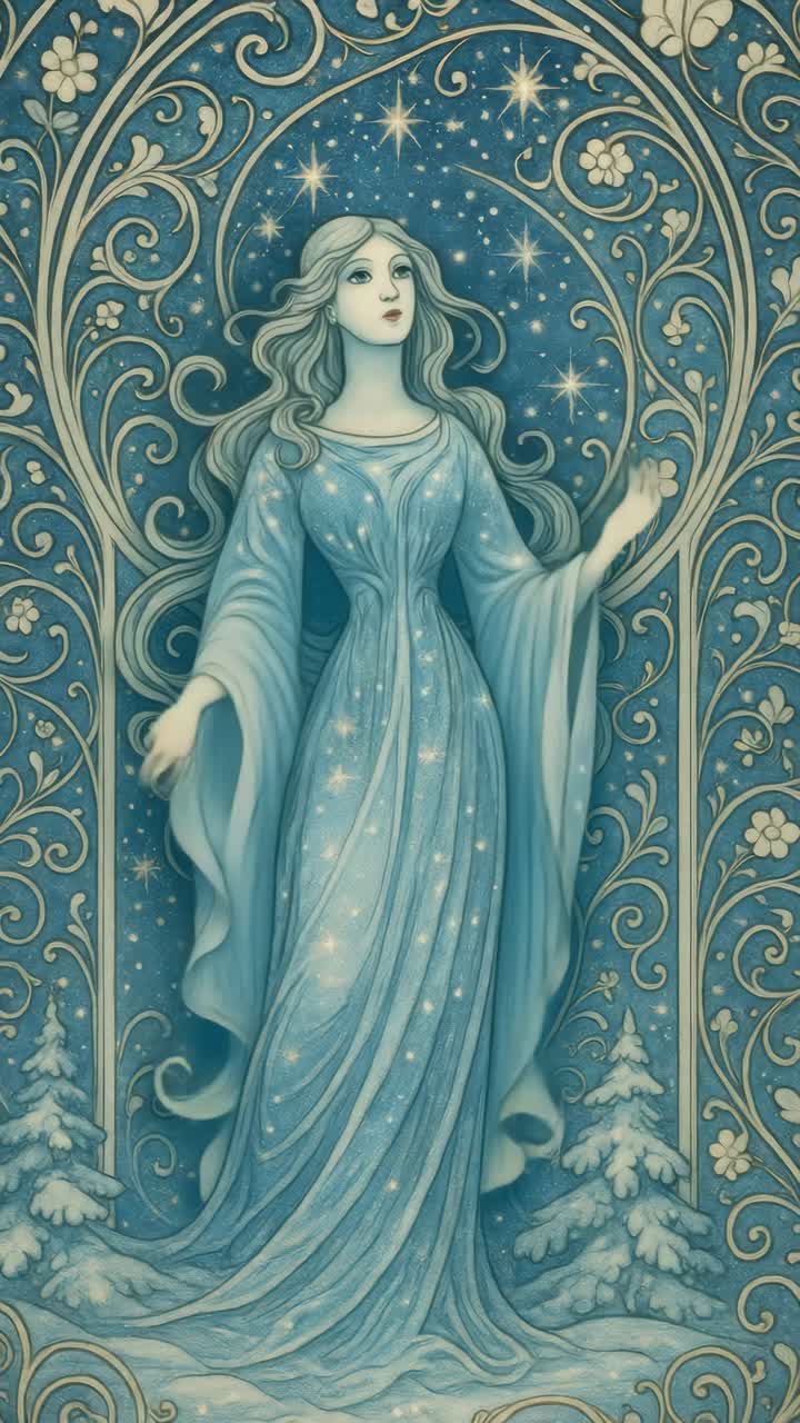 A celestial-themed illustration of a serene woman in flowing robes, surrounded by stars and ornate